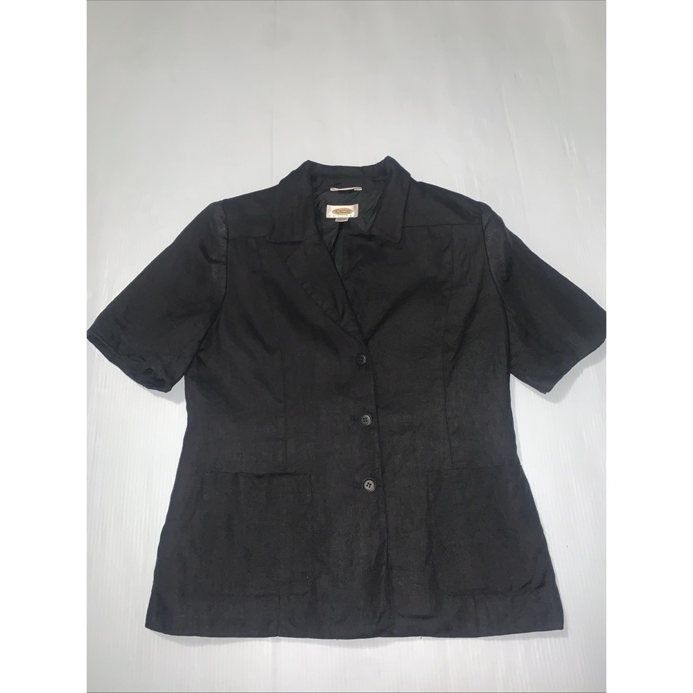 Talbots Women Irish Linen Short Sleeve Lined Button-Up Jacket Black Petites 10P